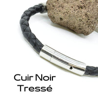 Bracelet cuir et titane Homme orné de 3 perles Hypersthène