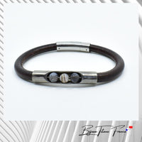 Bijou bracelet cintré en cuir marron et titane métal biocompatible et perles en pierres naturelles  pour homme ∣ Bijoux Titane France®