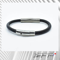 Bracelet confortable en cuir noir et titane ou bien titanium avec fermoir clip pour homme ∣ Bijoux Titane France®
