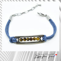 Bracelet titane oeil de tigre  et cordon bleu jean ∣ Bijoux Titane France®